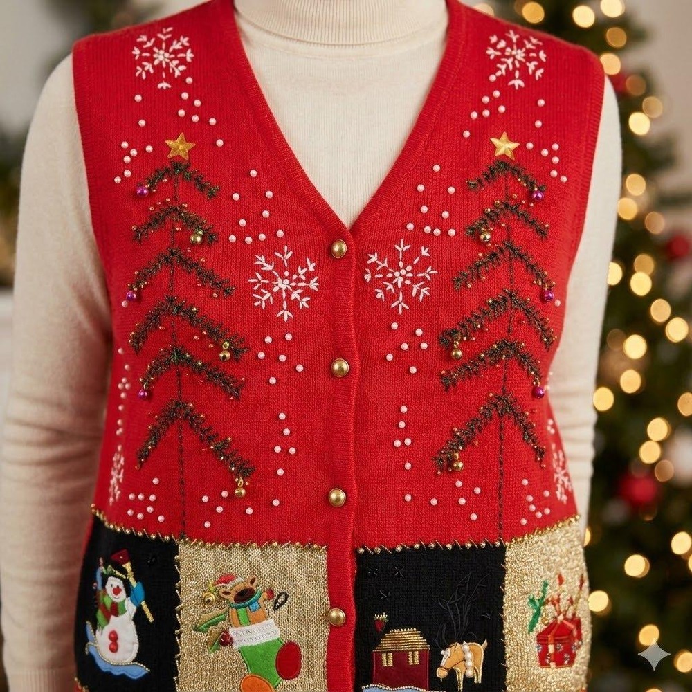 Vtg Christmas Sweater Vest Womens Large Snowman Stocking Red Embroidered Size XL